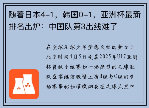 随着日本4-1，韩国0-1，亚洲杯最新排名出炉：中国队第3出线难了