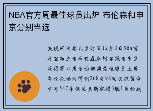 NBA官方周最佳球员出炉 布伦森和申京分别当选