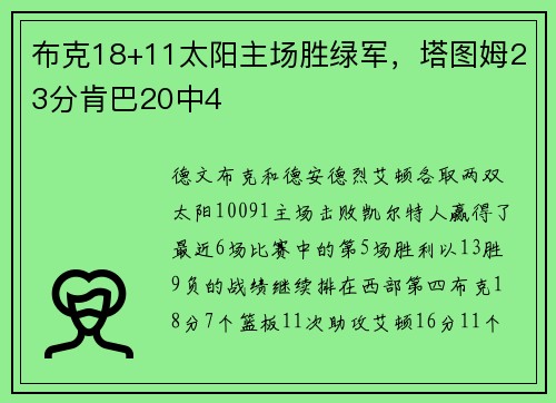 布克18+11太阳主场胜绿军，塔图姆23分肯巴20中4